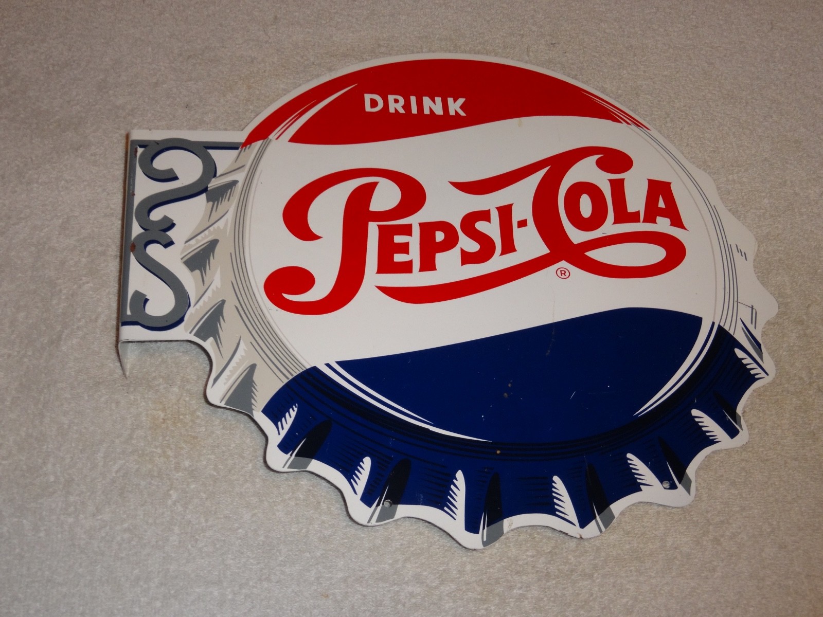 VINTAGE DRINK PEPSI COLA DIECUT 14" METAL SODA POP GASOLINE OIL FLANGE SIGN M173