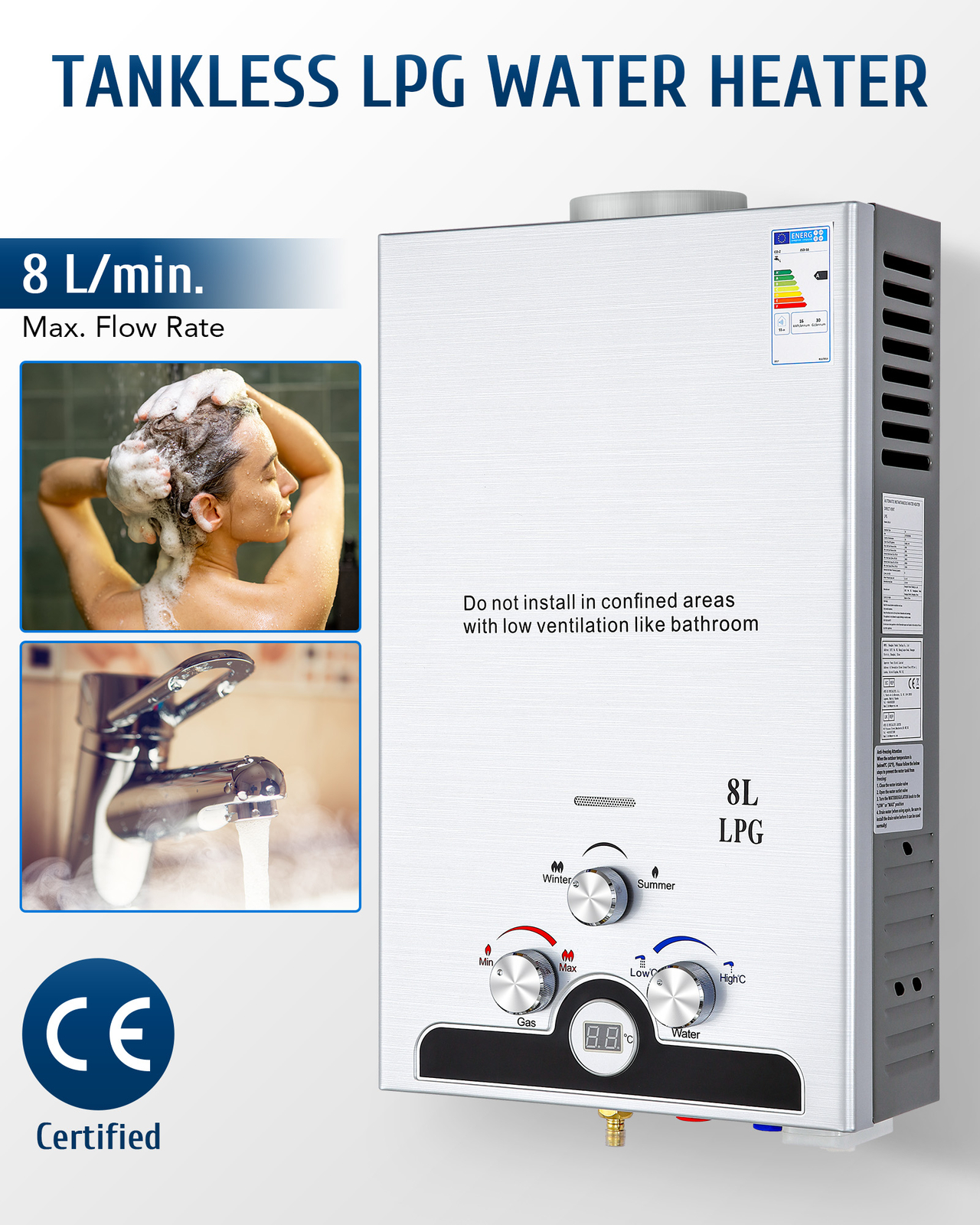 2 GPM/ 8L Hot Water Heater LPG Propane Gas Tankless Boiler Instant w LED Display