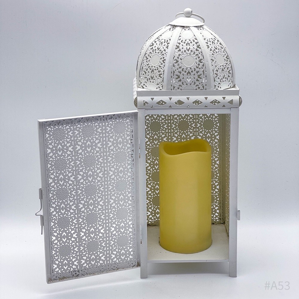 Oriental Lantern Windlight With Pattern & LED Block Candle, White, 37 cm