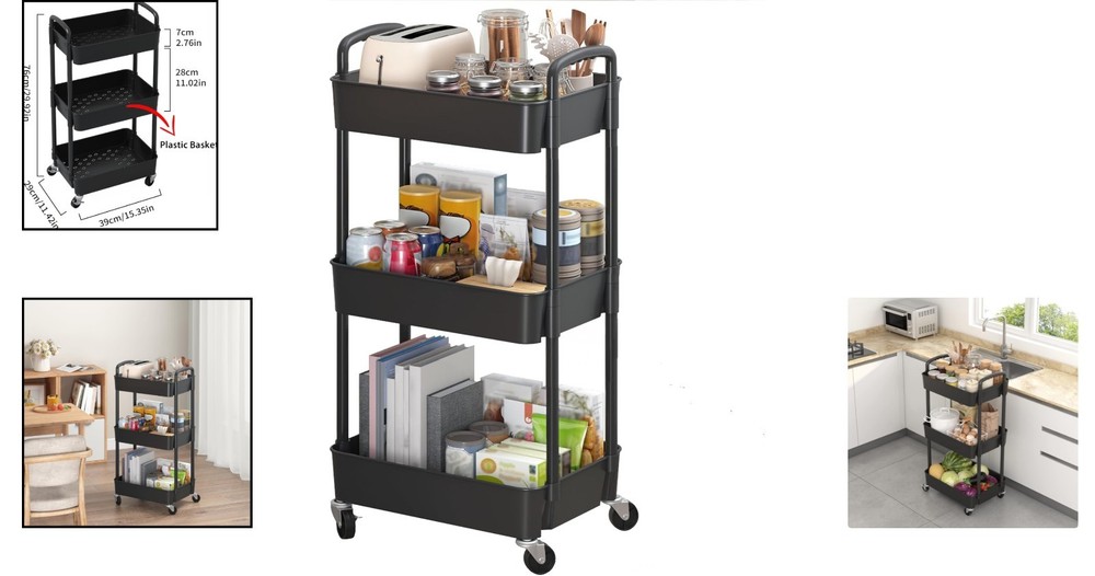 Black Multi-Functional Rolling Cart with Lockable Wheels - Perfect for Any Space