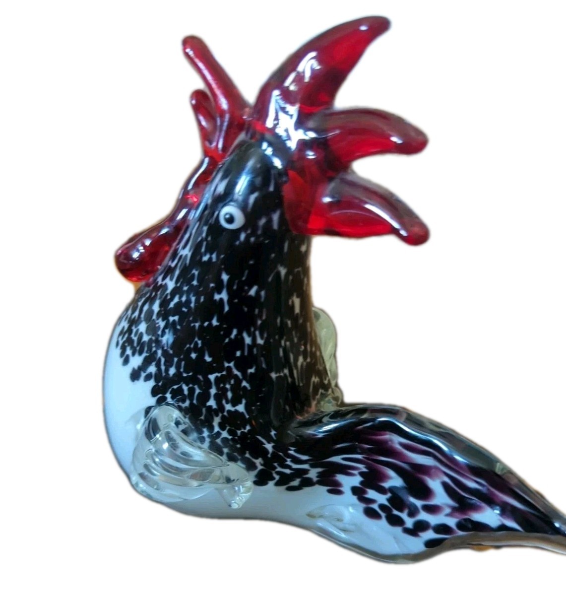 Black White Red Art Glass Heavy Rooster Bird Figurine Farm Decor Paperweight