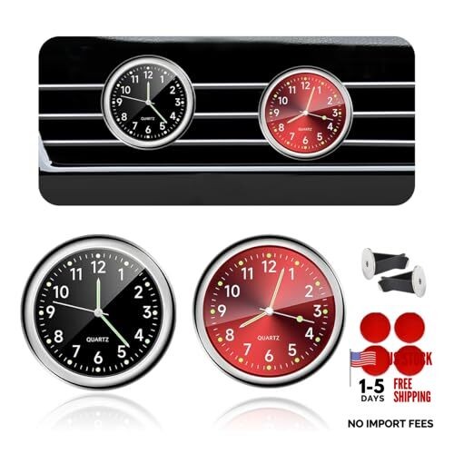 2 PCS Car Clock, Mini Luminous Pointer Clock Stick on Automotive Black+Red