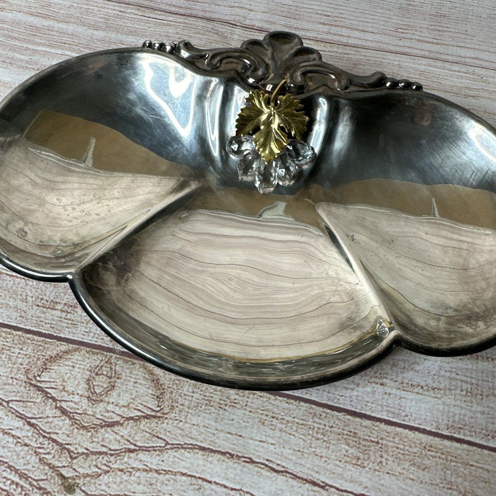 Vintage BO Italy Silverplate 3 Section Bonbon Dish Gold Leaf Crystal Grapes