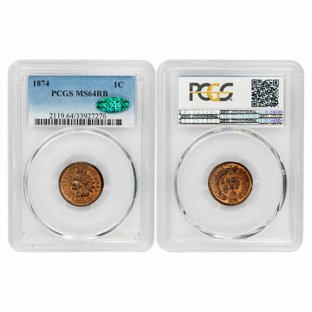 1874 Indian Head Cent 1C PCGS MS 64 RB CAC