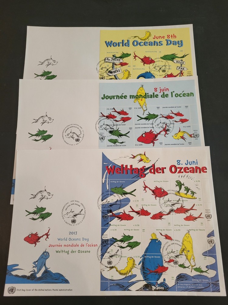 2013 WORLD OCANS DAY Large FDC's - All Three Offices - UNPA Cachet