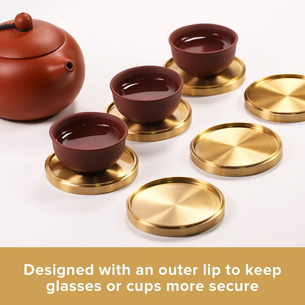 Heavy Brass Coasters for Drinks (6-Pack) - Solid Bronze Gold Coasters - Class...