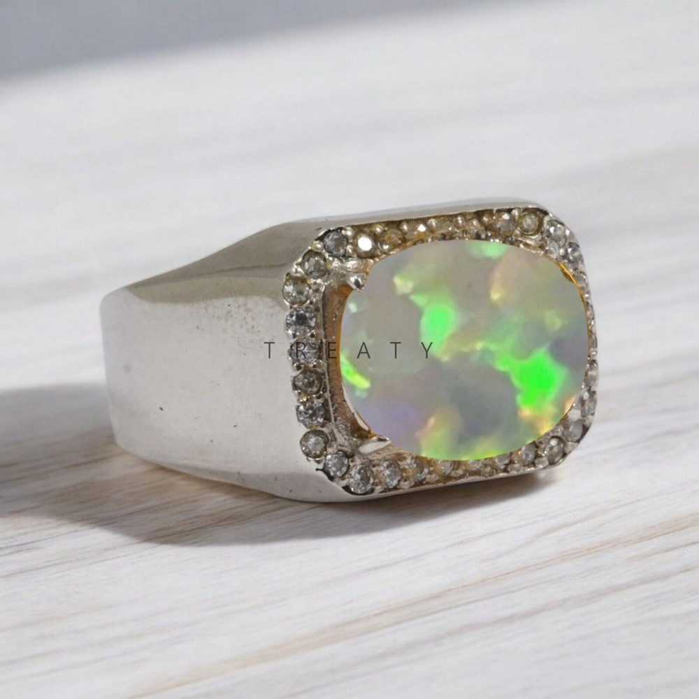 Opal Oval Cut Gemstone With 14K Solid White Gold Ring For Men's #189