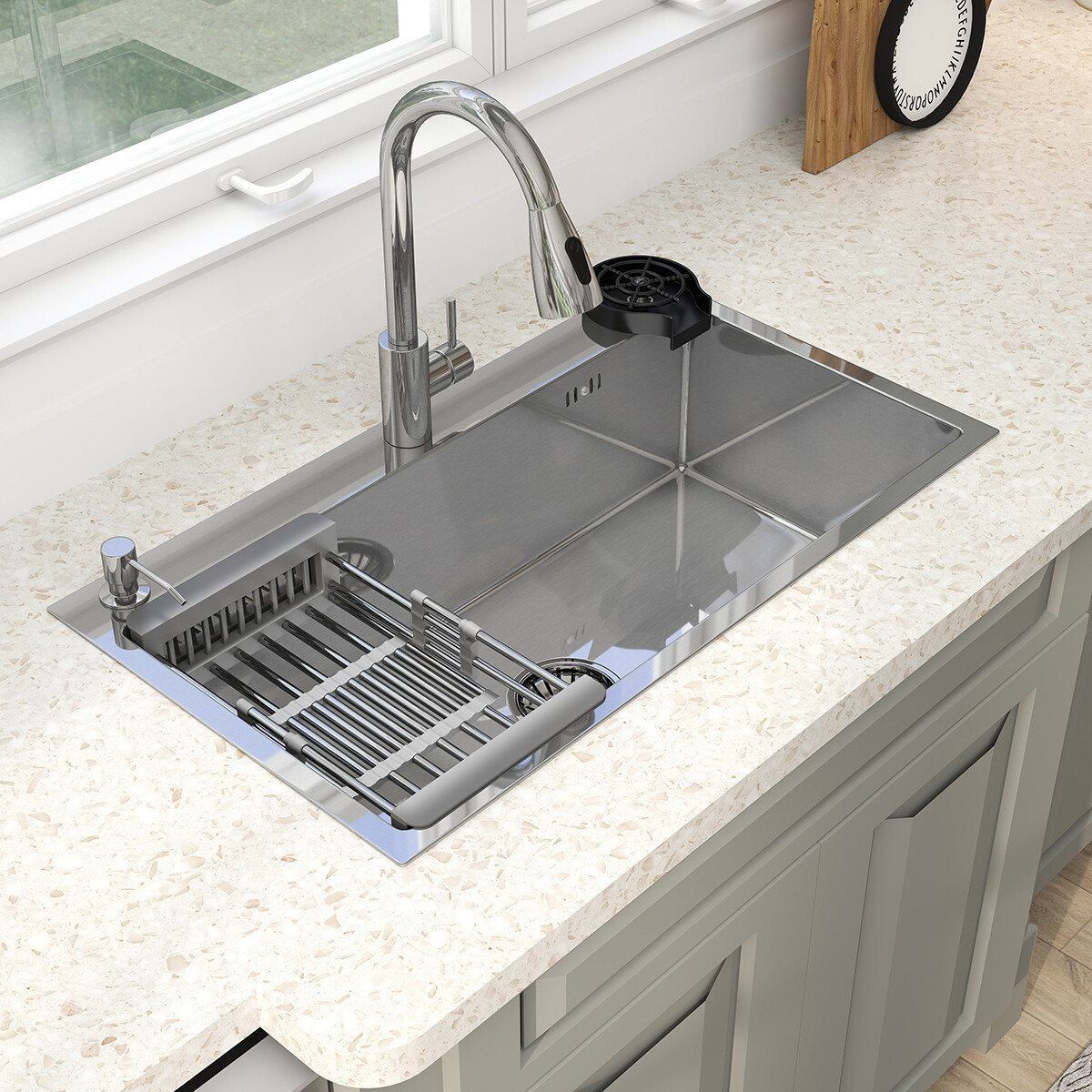 Silver Kitchen Sink Stainless Steel 28"/30"/32" Single Bowl Drop In Top Mount