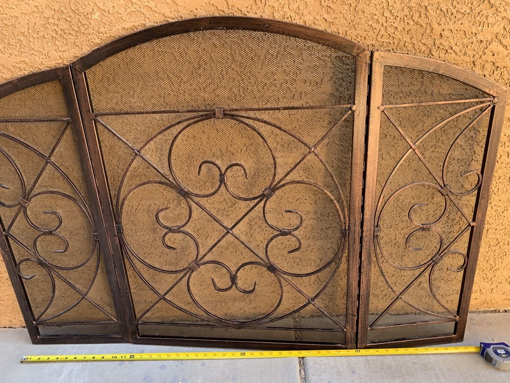 Copper Finish Fireplace Screen 3 Panel Mesh Folding Wrought Iron Arch Scrollwork