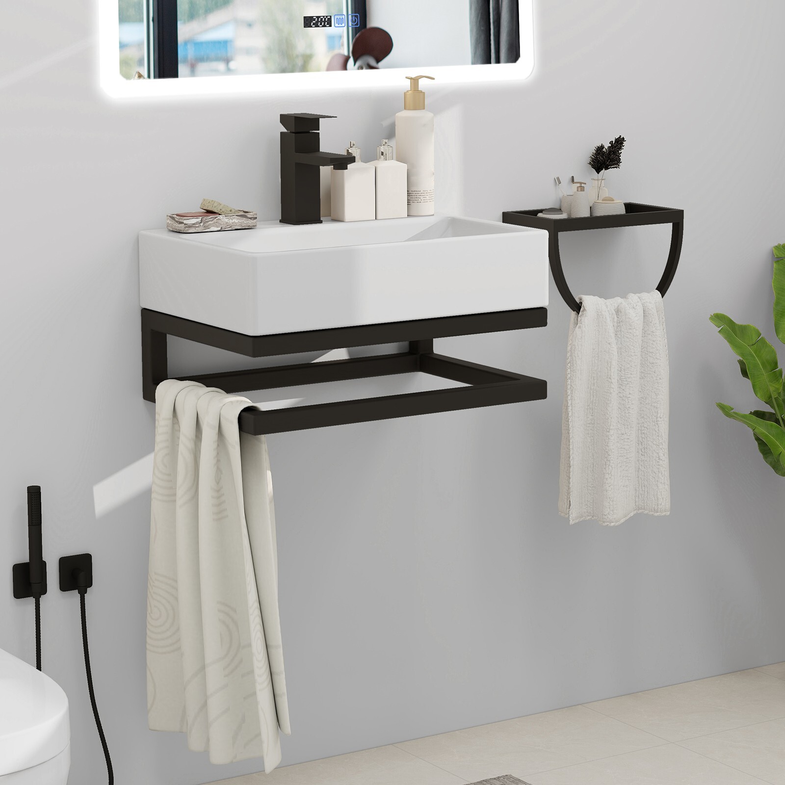 21" White Wall Mounted Vessel Sink Floating Ceramic Basin Bowl w/ Bracket Faucet