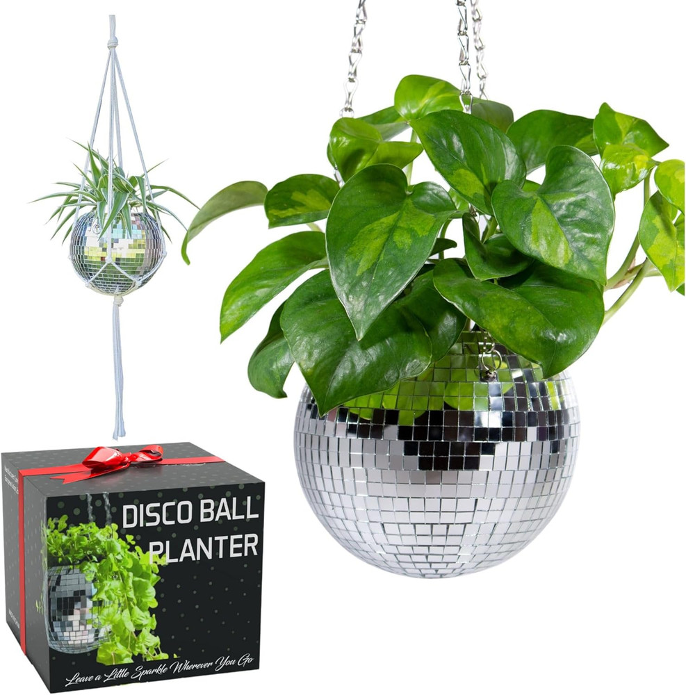 Disco Ball Planter with Macrame Hanger & Self-Watering Insert
