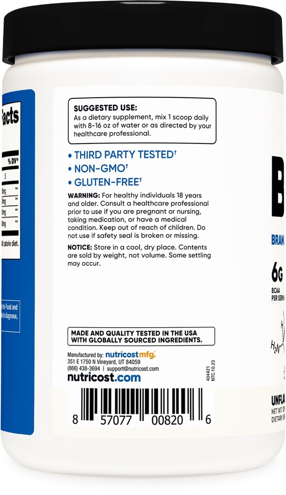 Nutricost BCAA Powder 60 Servings (Unflavored) - 6000mg Per Serving