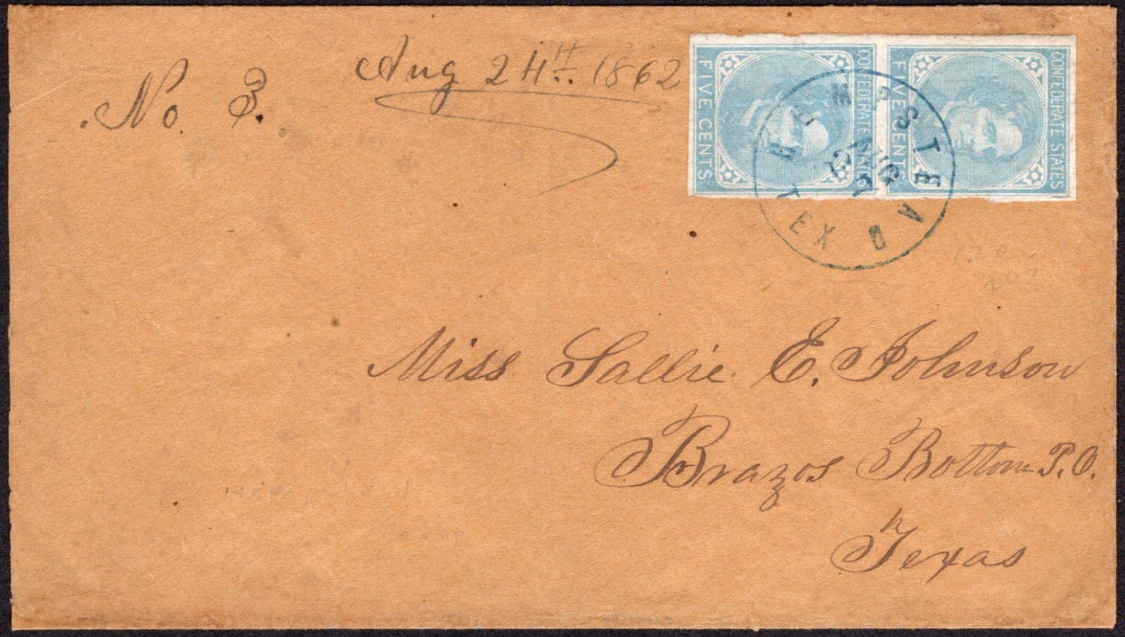 CSA Texas, #6 Vert Pair, Hempstead TX Blue CDS AUG 27 (1862) to Brazos Bottom TX