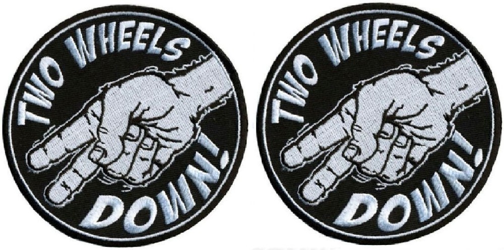 TWO WHEELS DOWN BIKER PATCH  - 2PC BUNDLE - 4.0 INCH iron on Sew on