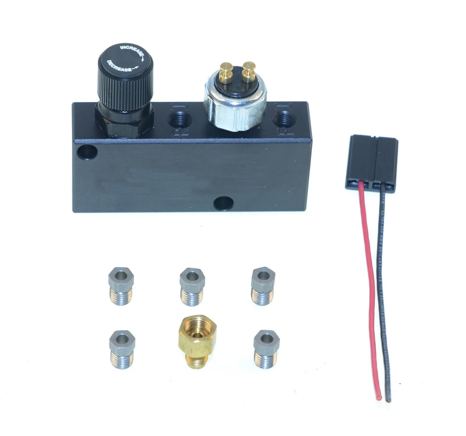 Ford MC w/ Black Adjustable Prop Valve / Dist. Block Kit, 3/8-24 & 1/2-20 ports