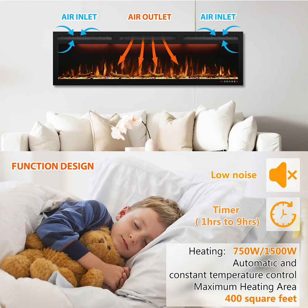 Recessed 88" Electric Fireplace with Adjustable Flame & Remote Control