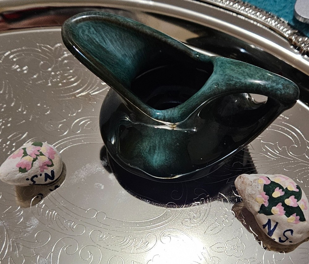 Evangeline Pottery pitcher from Regina Canada & 2 hand painted shells .