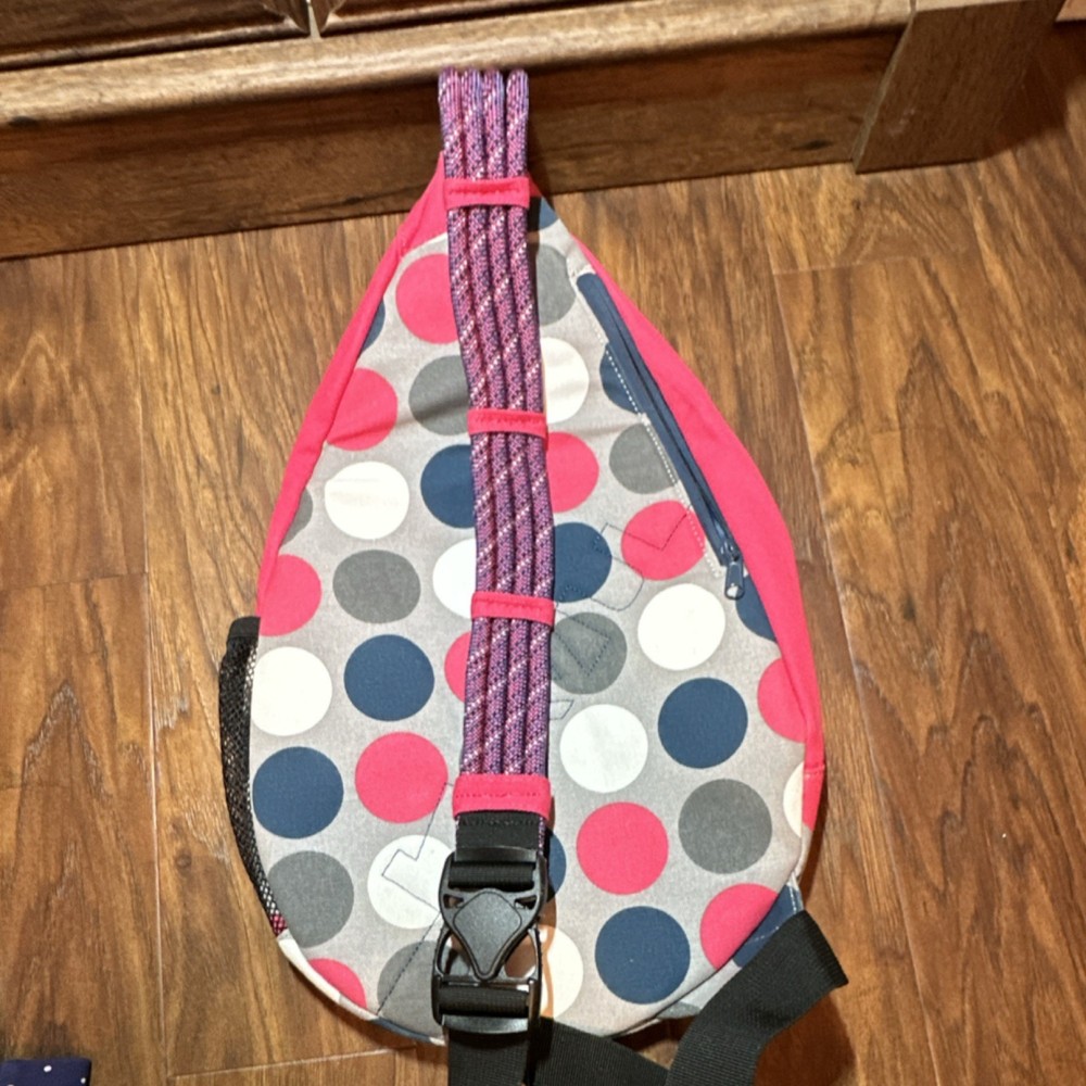 KAVU Polka Dot Sling Bag Pink Canvas Adjustable Rope Strap Multiple Compartments