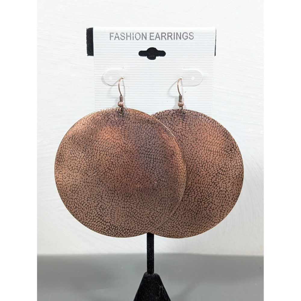 Copper Tone Large Pebble Textured Round Disc Dangle Earrings Pierced Statement