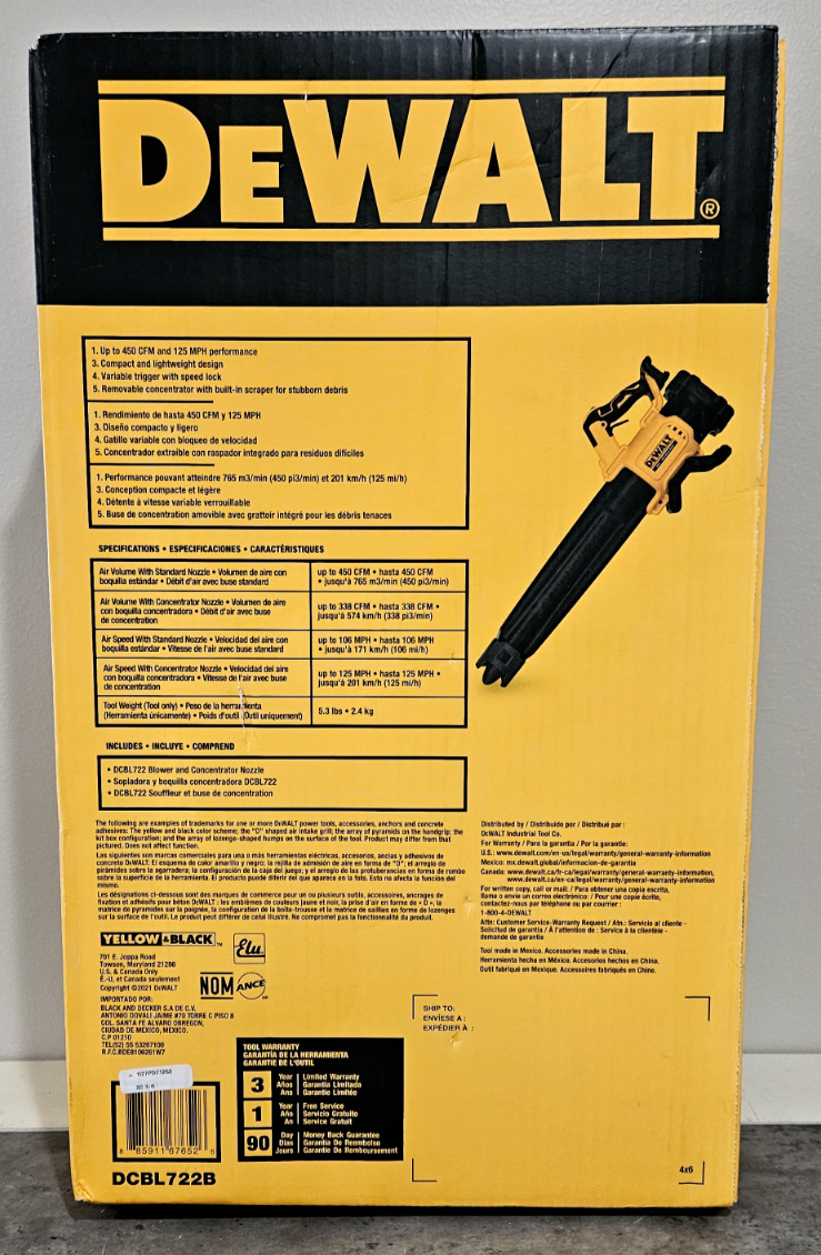 New DeWalt DCBL722B 20V Brushless Cordless Handheld Axial Blower