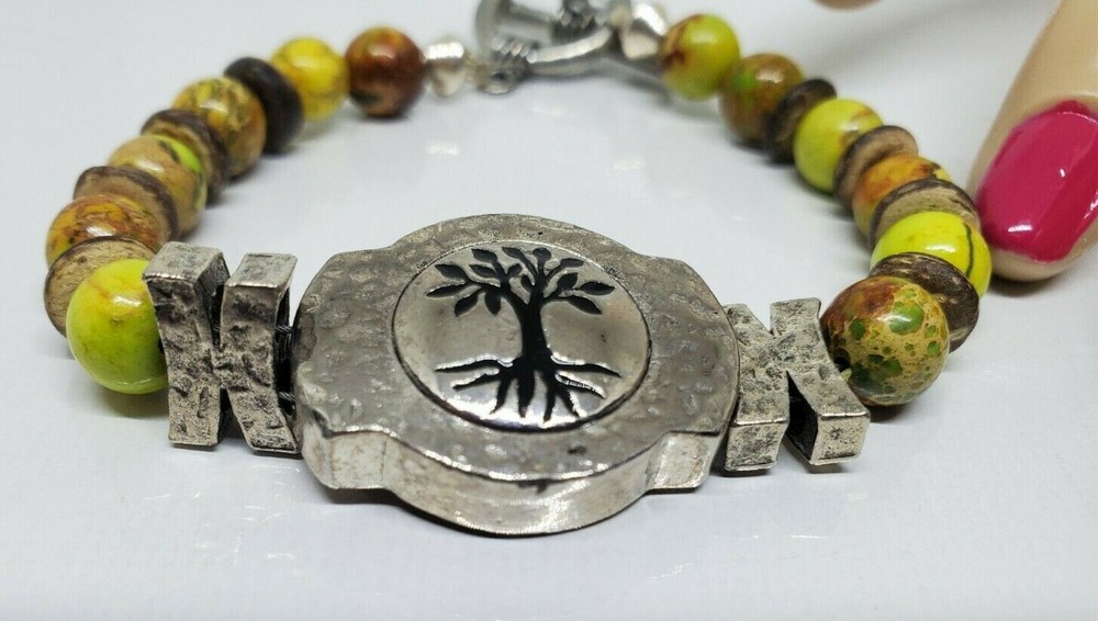 Green Brown Beaded Tree Design Bracelet 8" Marked KS