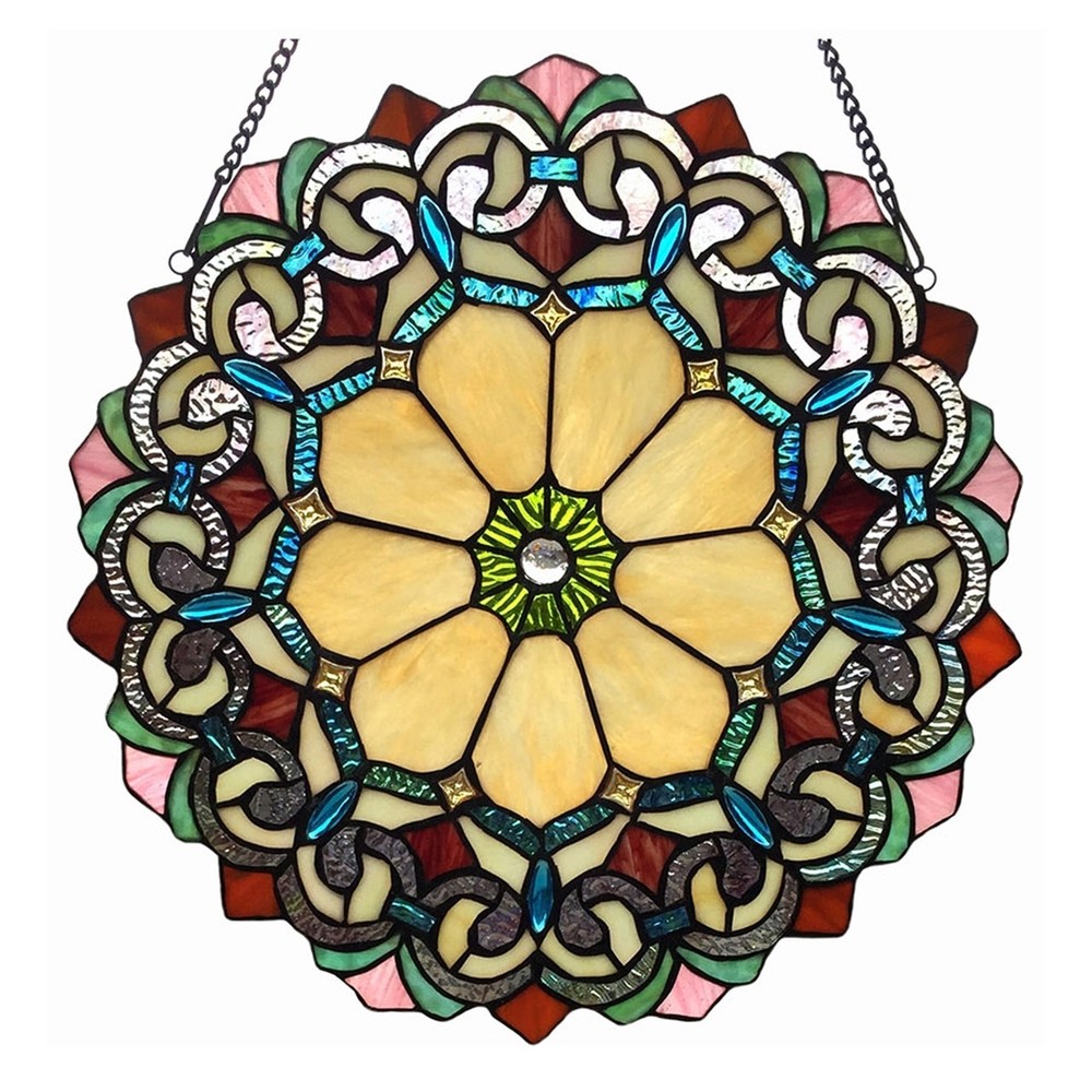 Stained Glass Window Panel 18" Diameter Handcrafted Victorian Tiffany Style