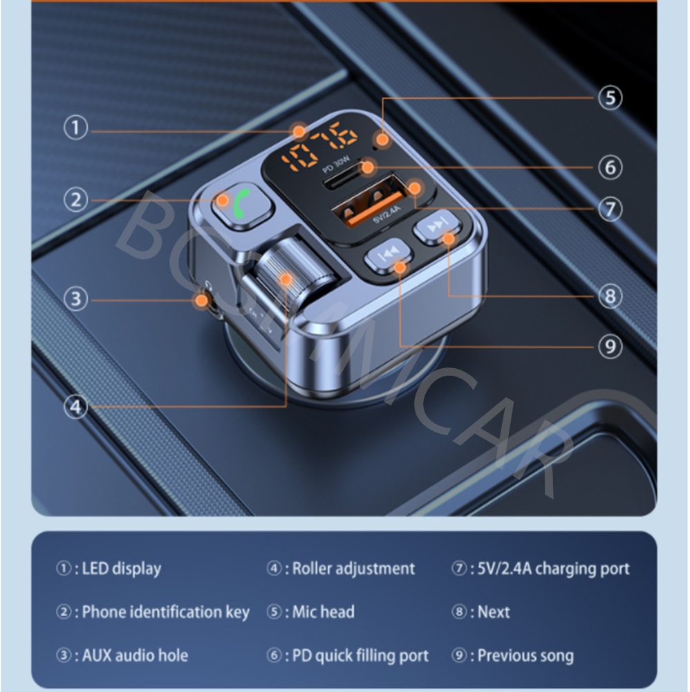 Bluetooth 5.1 Car Wireless FM Transmitter Adapter USB PD Charger AUX Hands-Free