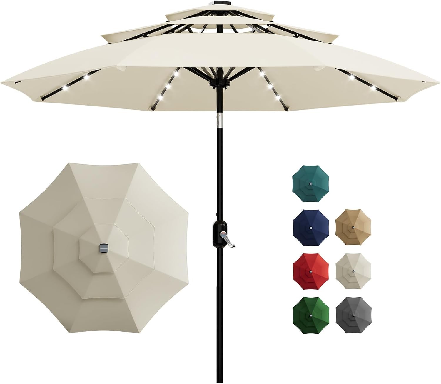 10Ft 3-Tier Solar Patio Umbrella with LED Lights, Outdoor Table Umbrella
