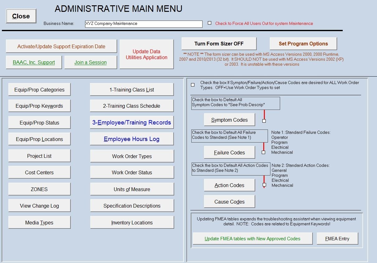 ZUD, MS Access CMMS app for Maintaining Equip, Inventory ,PM/Repair Work Orders
