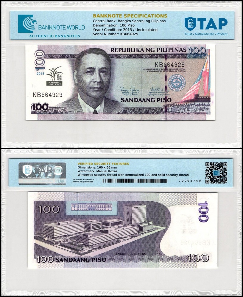 Philippines 100 Piso, 2013, P-220, UNC, Commemorative, TAP Authenticated