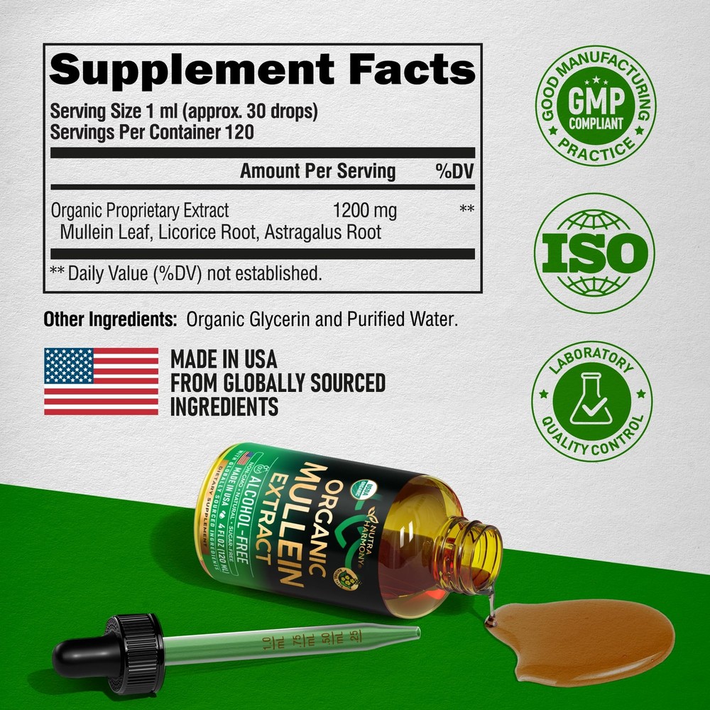 Mullein Drops for Lungs - USDA Organic Liquid - Mullein Leaf Extract Supplement