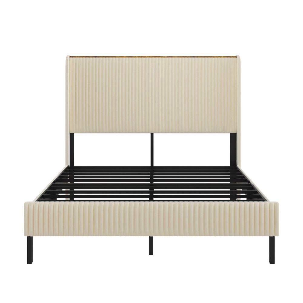 Queen Size Platform Bed , Metal Bed Frame with Charging Station, No Box Spring