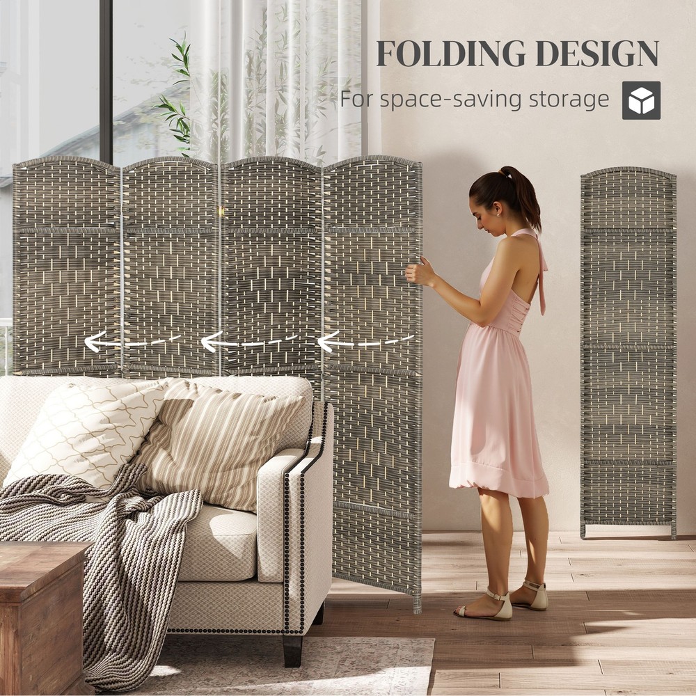 4 Panel Room Divider Woven Freestanding Partition Brown