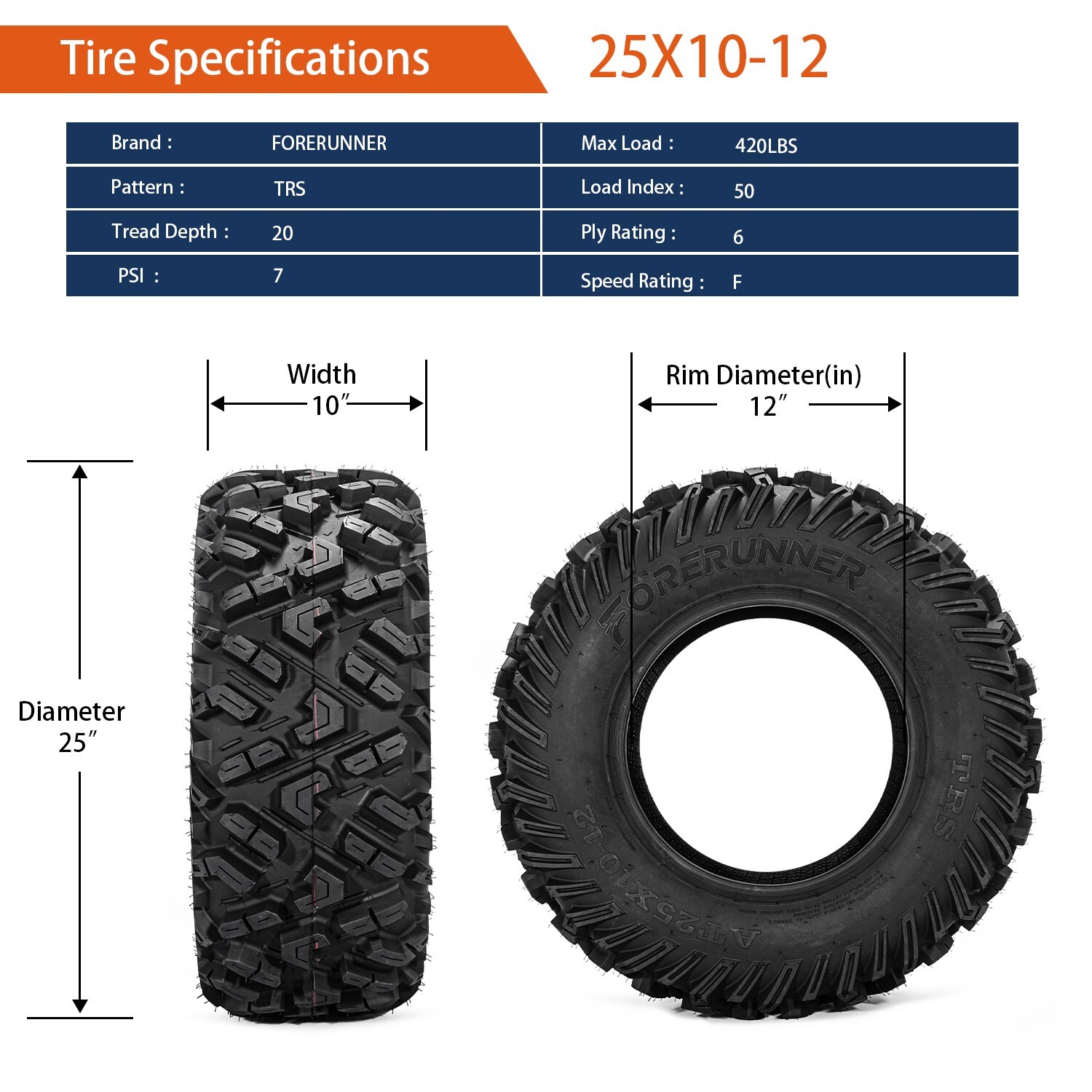 2 Tires 25x10-12 6PR 25x10x12 ATV UTV Tires 25 10 12 All Terrain Heavy Duty