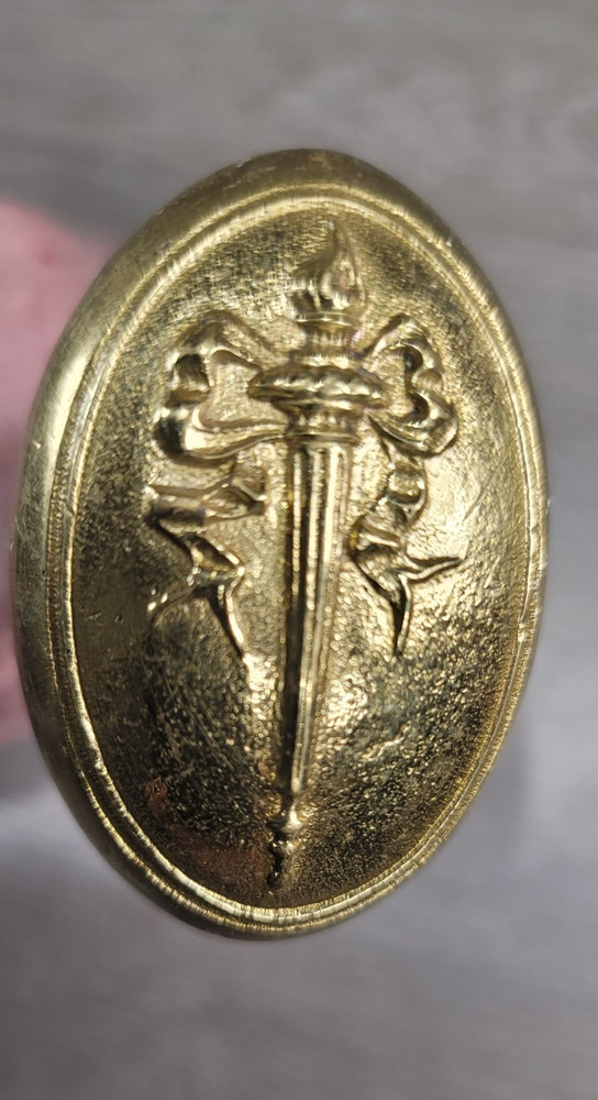 Olympic Burning Torch Ribbon Wrapped Oval Passage Set - Old, Solid Cast Bronze