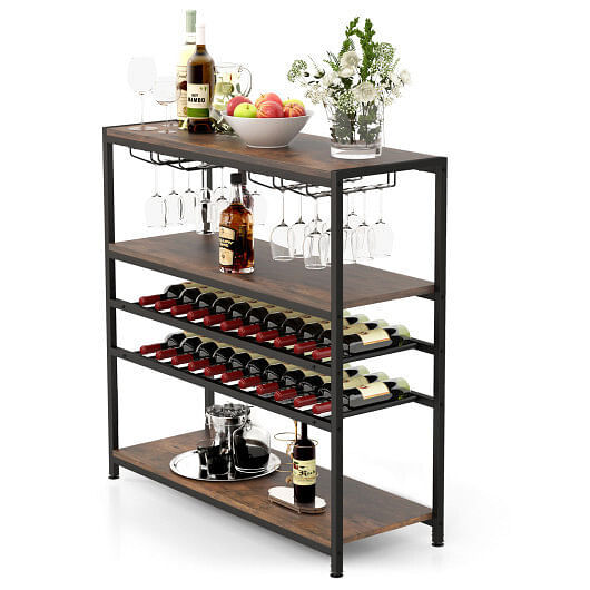 5-tier Wine Rack Table with Glasses Holder - Color: Rustic Brown