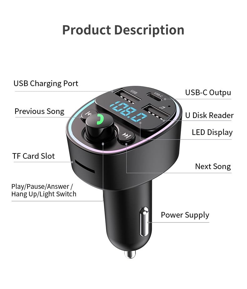 Bluetooth FM Transmitter HiFi Stereo Hands Free Type C USB A Charger Cars