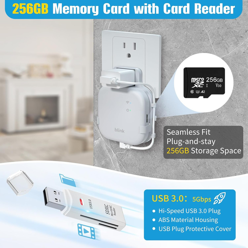 256GB Micro SD Card & Outlet Wall Mount for Blink Sync Module XR w/ Short Cable