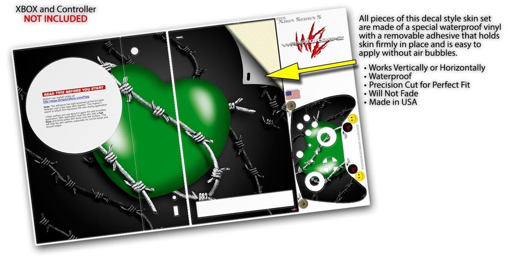Skin Wrap for XBOX Series S Console Controller Barbwire Heart Green