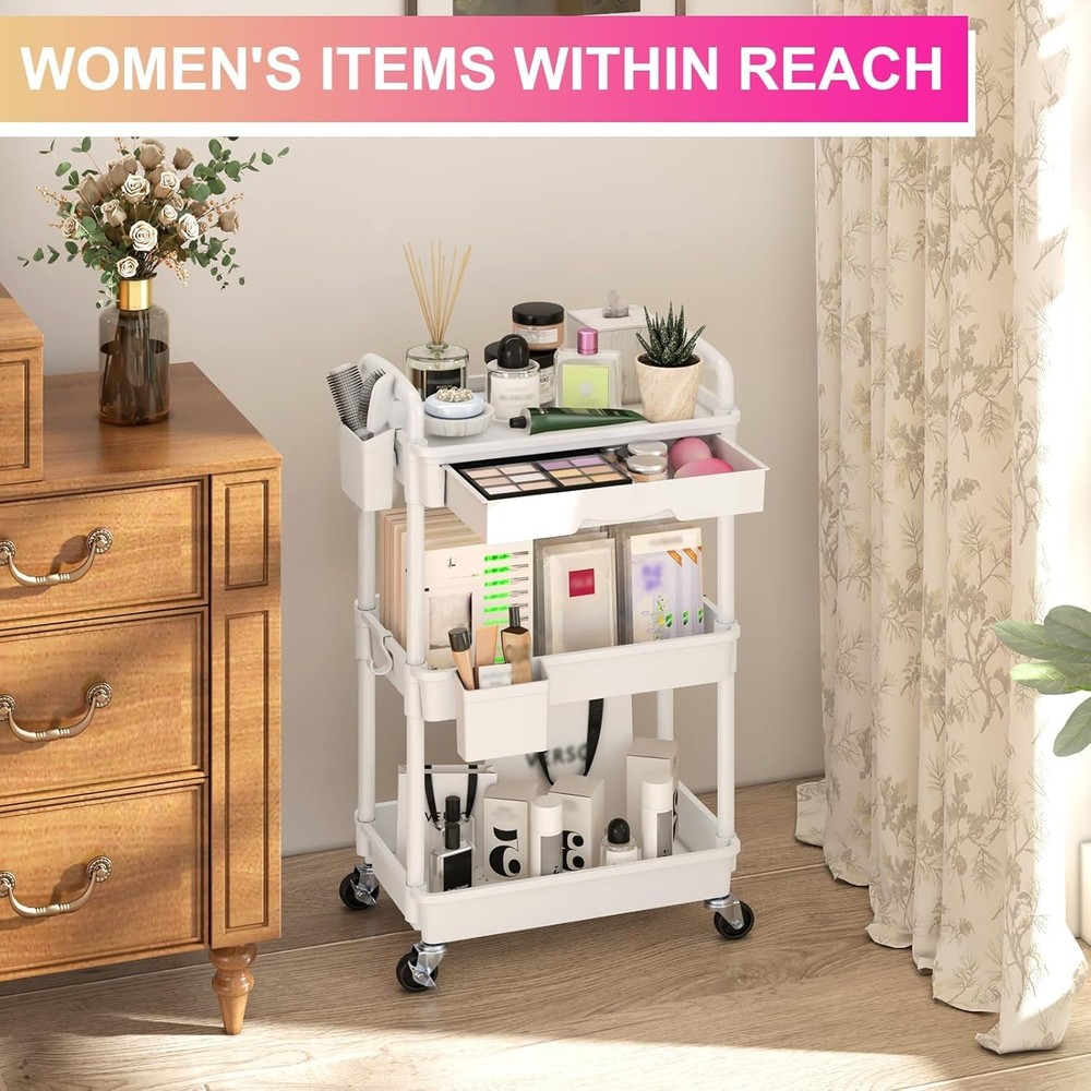 Maximize Storage: 3-Tier Rolling Organizer Cart with Dustproof Drawer & Wheels