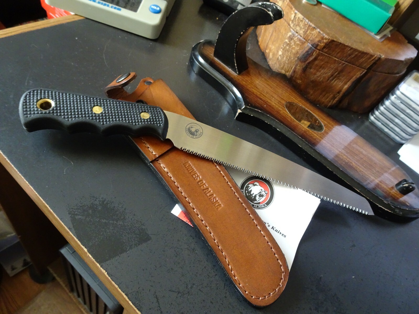 KNIVES OF ALASKA  13" BONE SAW SK5 STAINLESS BLADE NONSLIP HANDLE LEATHER SHEATH