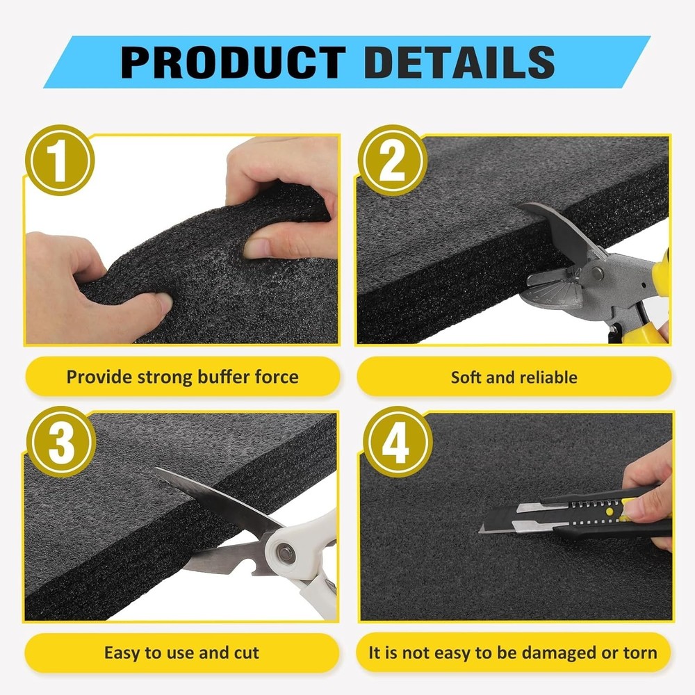 Black Customizable Polyethylene Foam Sheets, 2PACK 12 x 16 x 1INCH Thick Padding