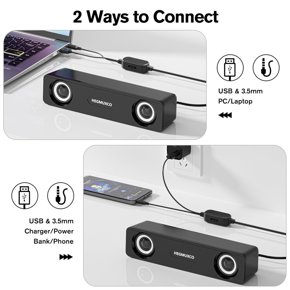 Compact PC Speakers for Desktop - 10W Wired Stereo Speaker with Volume Control