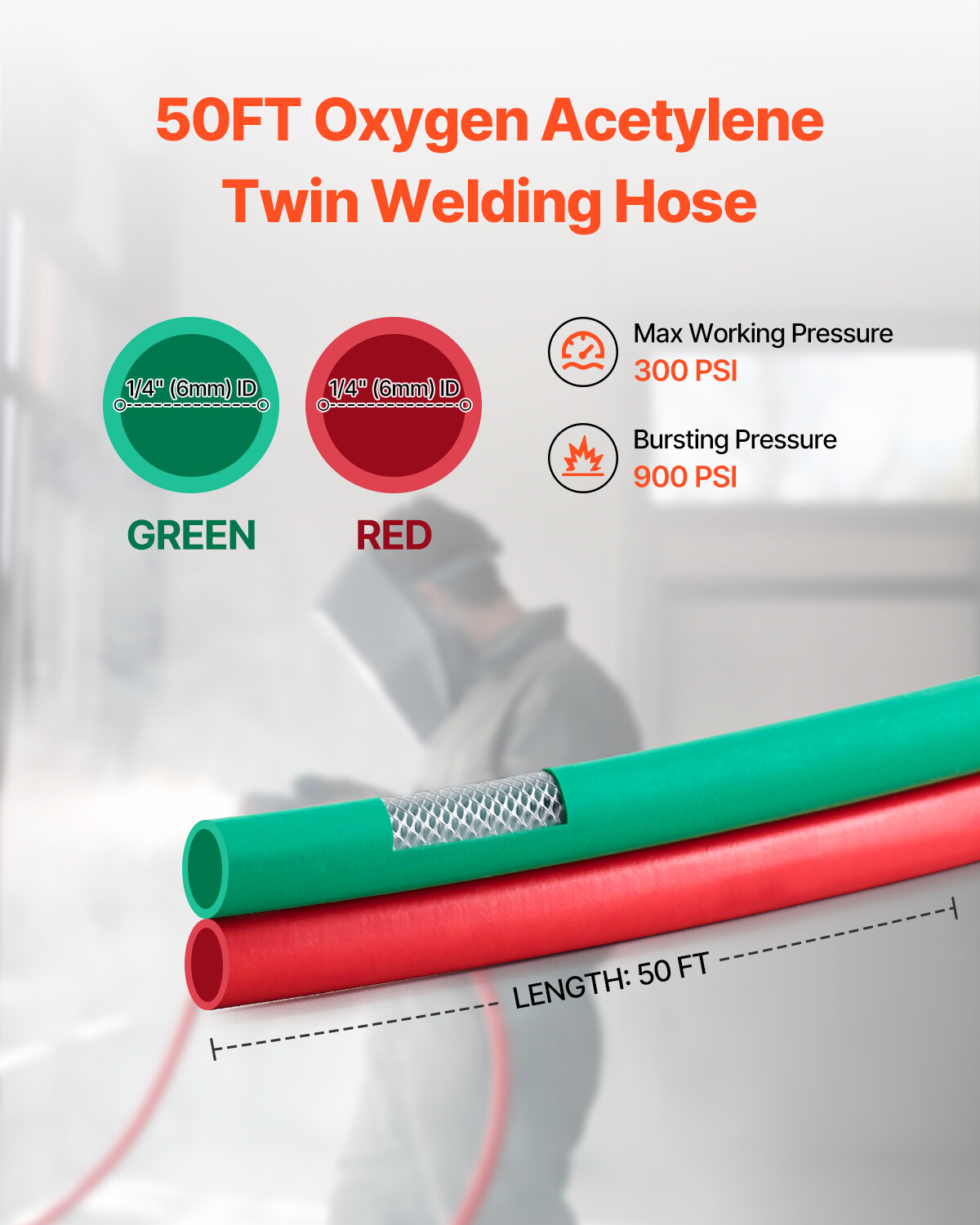 Oxygen Acetylene Hose 1/4-Inch x 50FT T Grade Hose 300PSI Max Working Pressure