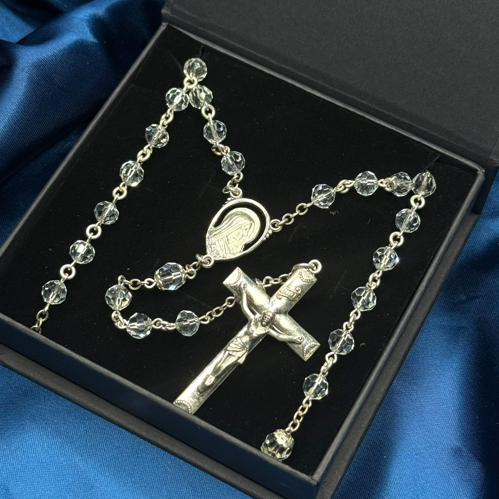 Vintage 20.5" Sterling Silver Catholic Rosary Clear Faceted Glass Beads