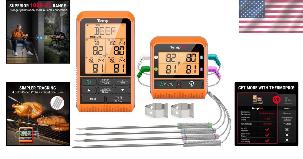 4 Probe Wireless Meat Thermometer – 1000ft LCD Display for Ultimate BBQ Control