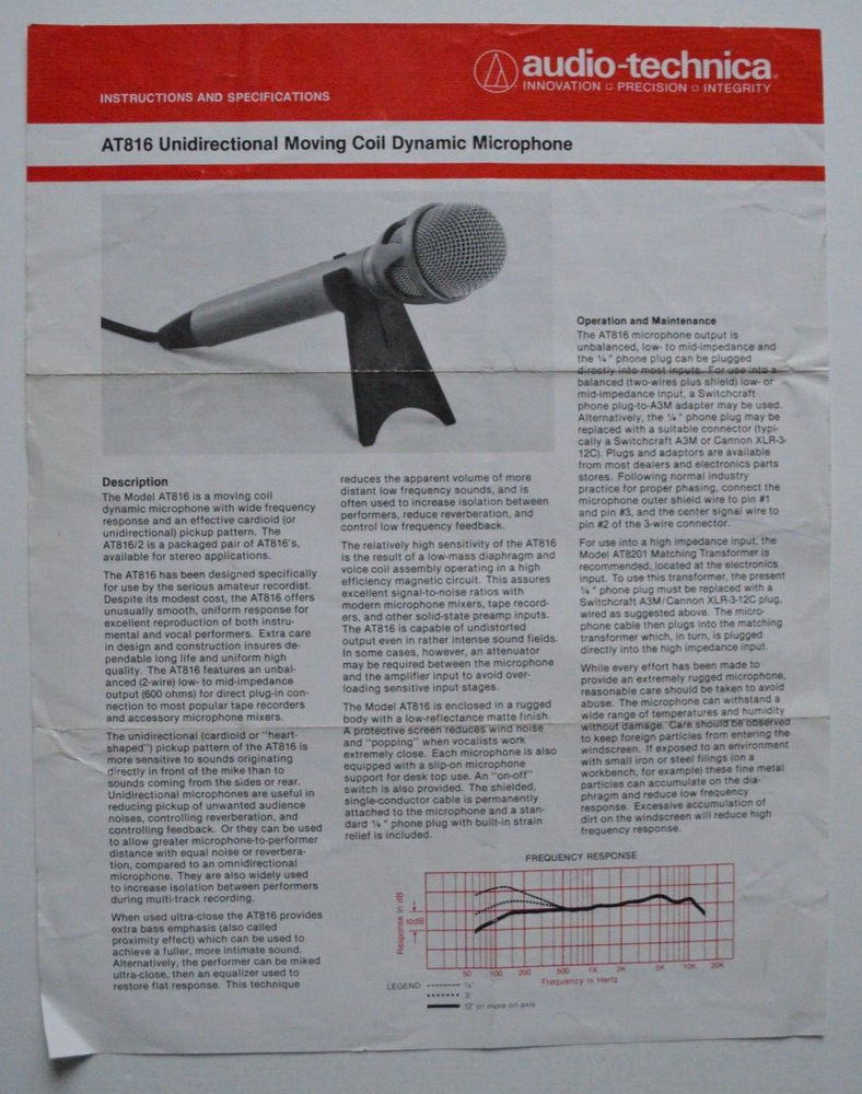 AUDIO-TECHNICA AT816 Undidirectional moving Coil Dynamic Microphone data sheet