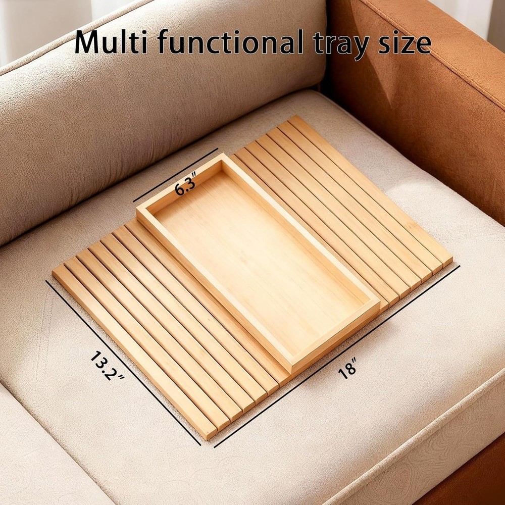 Bamboo Couch Arm Tray Table Foldable Sofa Rest W/ Non-Slip Base Portable