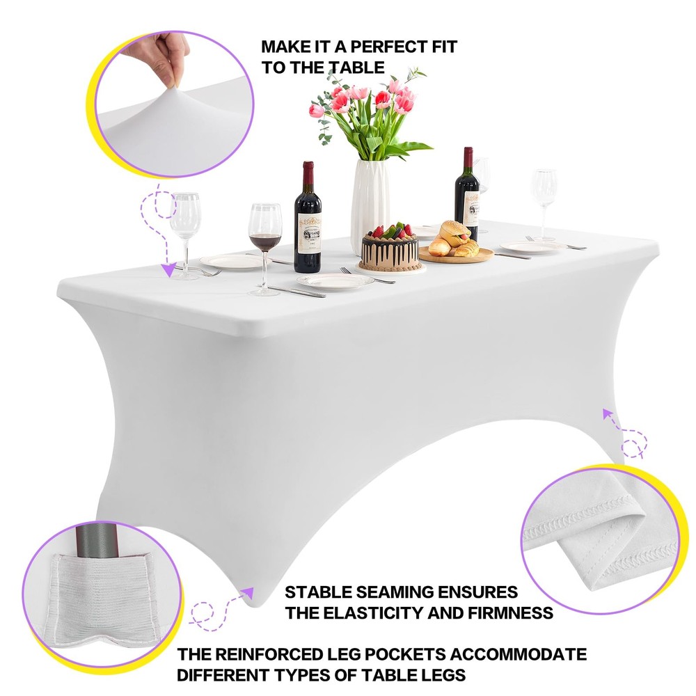 6FT Stretch Tablecloth 2 Pack, Rectangular Spandex Cover, White Party