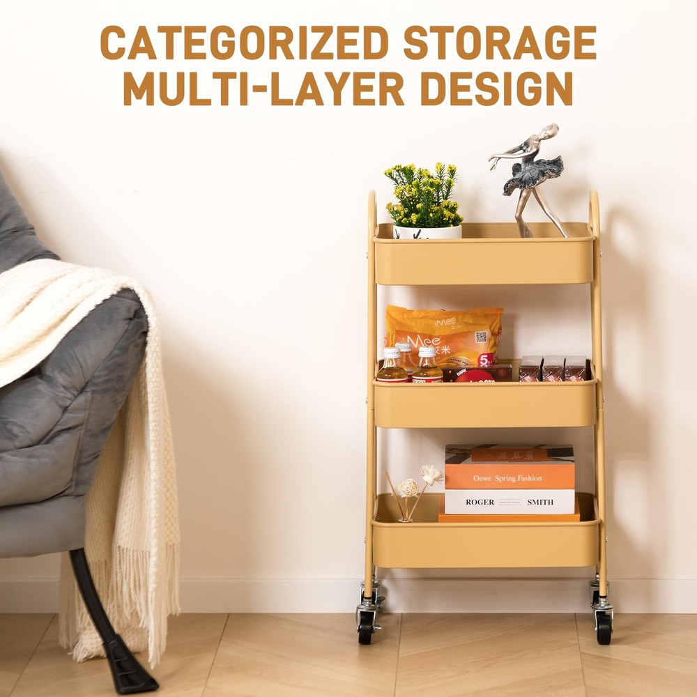 AGTEK 3-Tier Rolling Carts with Wheels, Rolling Utility Cart with Iron Frame for